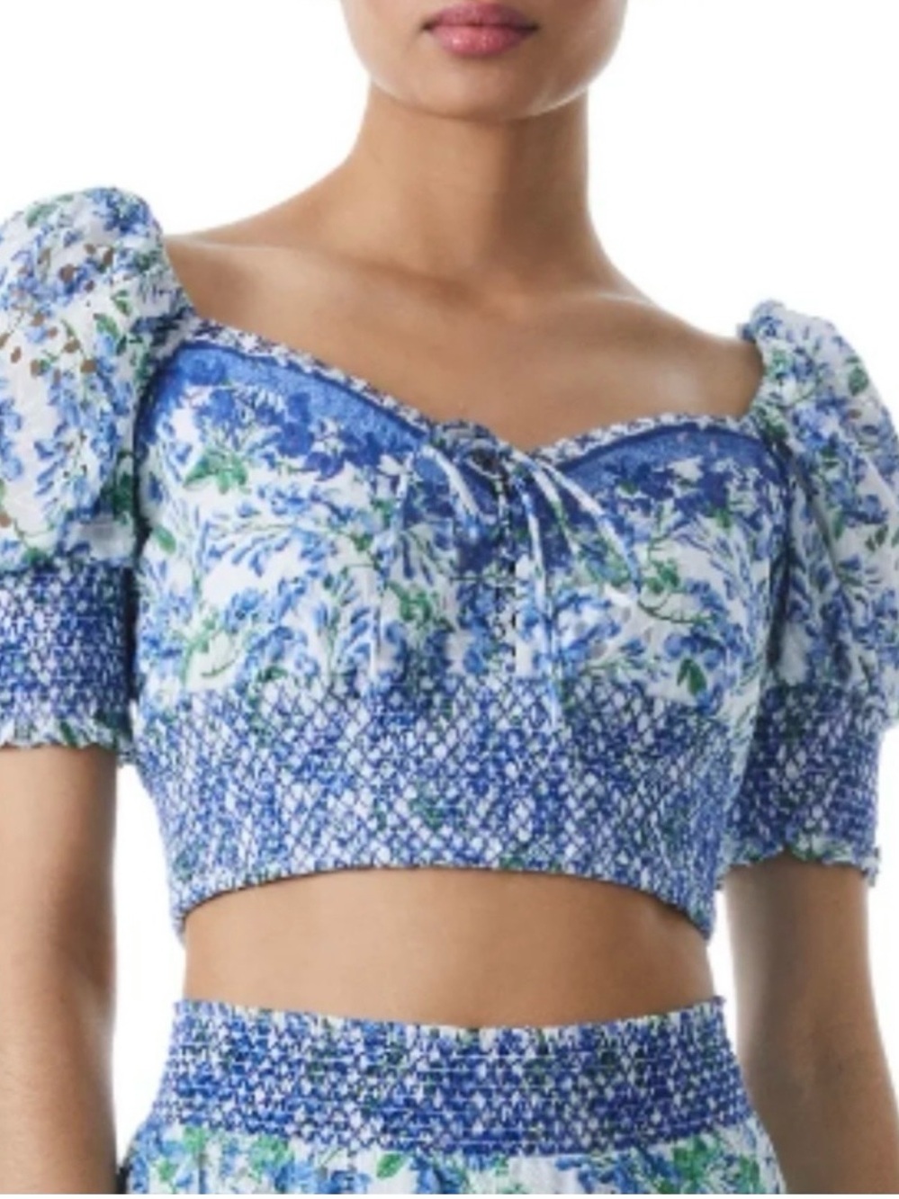 Alice + Olivia Blue Floral Smocked Puff-Sleeve Crop Top